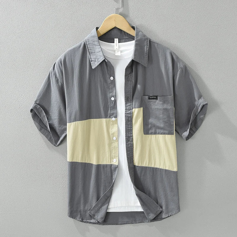 Men's 2025 Summer Patchwork Short Sleeve Shirt - Loose Fit Cotton Shirt