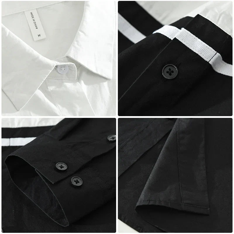 Men's Black White Patchwork Long Sleeve Shirt - Loose All-match Classic Shirt