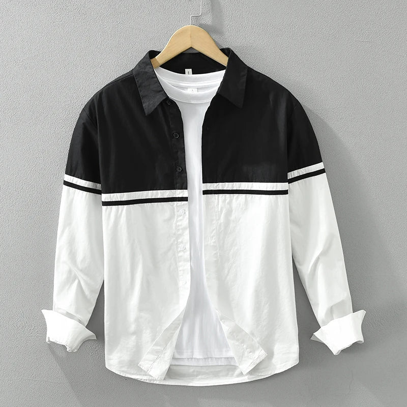Men's Black White Patchwork Long Sleeve Shirt - Loose All-match Classic Shirt