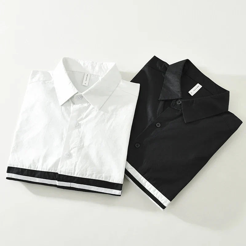 Men's Black White Patchwork Long Sleeve Shirt - Loose All-match Classic Shirt