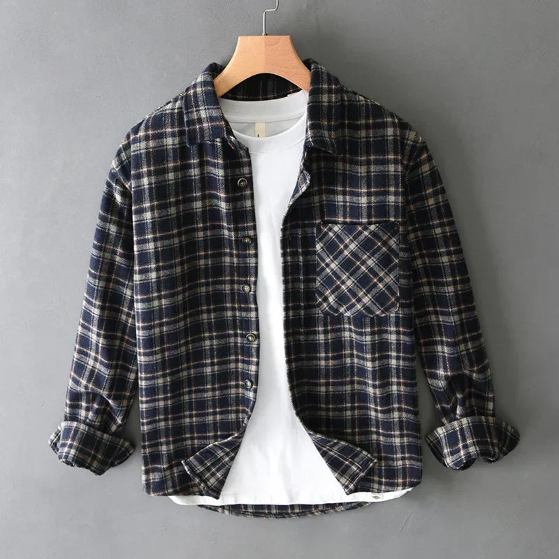 Men's Loose Striped Plaid Long Sleeve Shirt - Non-elastic Flannel Warm Shirt
