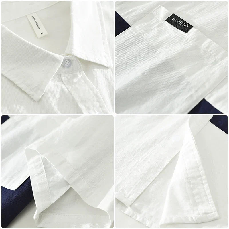 Men's 2025 Summer Patchwork Short Sleeve Shirt - Loose Fit Cotton Shirt