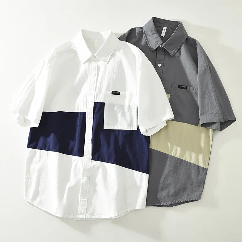 Men's 2025 Summer Patchwork Short Sleeve Shirt - Loose Fit Cotton Shirt