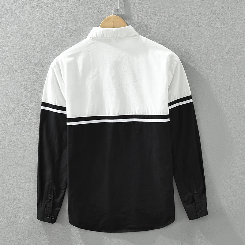 Men's Black White Patchwork Long Sleeve Shirt - Loose All-match Classic Shirt
